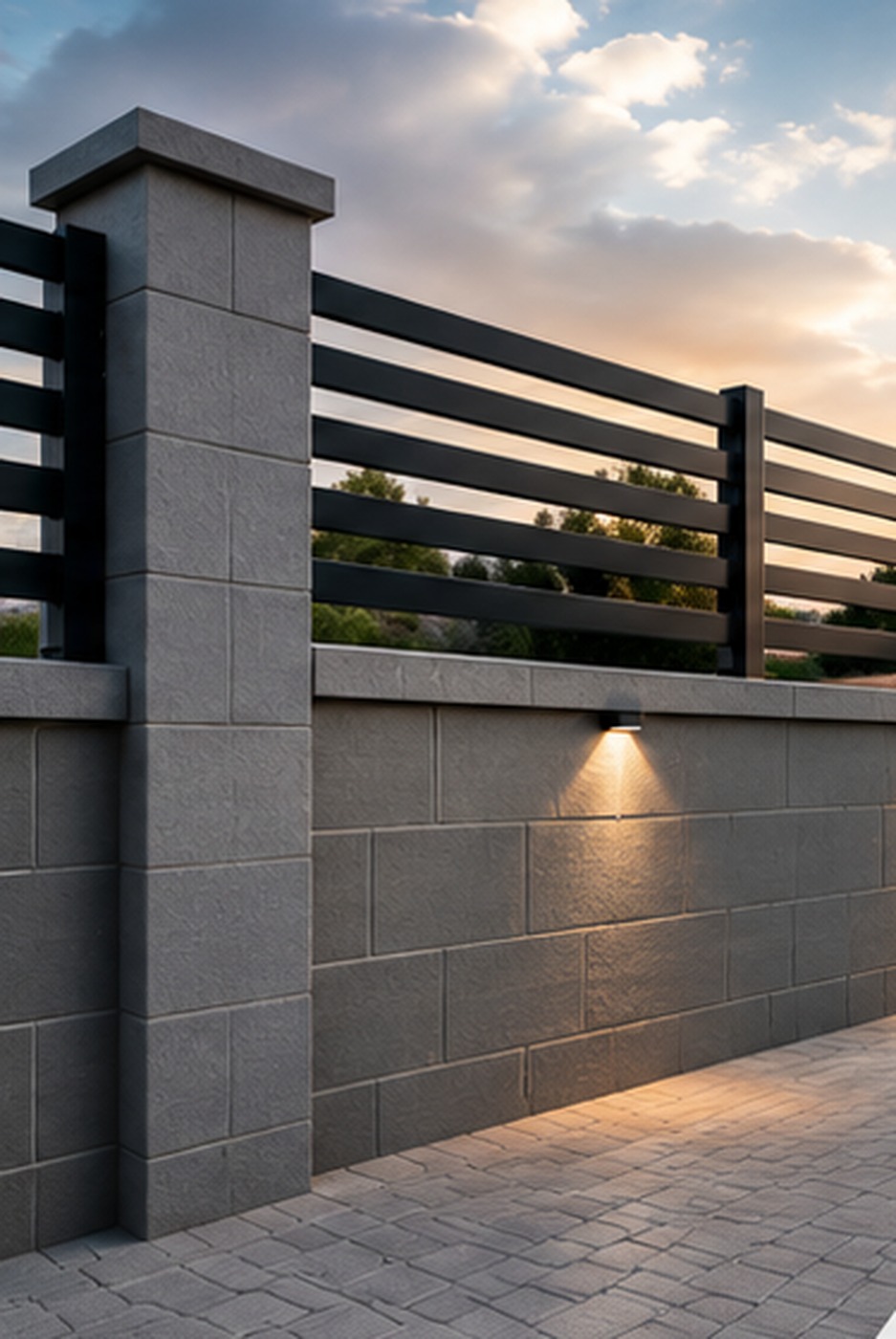 Mur de clôture moderne en agglos avec éclairages intégrés